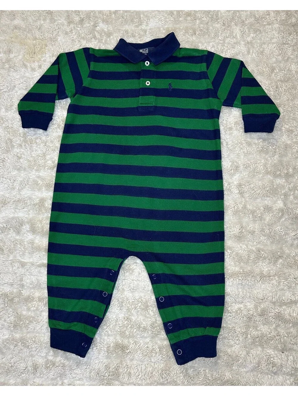 Polo by Ralph Lauren navy green striped rugby-style one-piece/romper 18M preppy